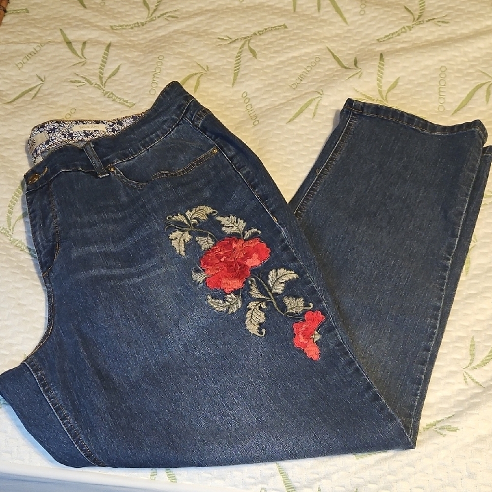 Women’s Dark Blue Denim Jeans with Red Floral Embroidery